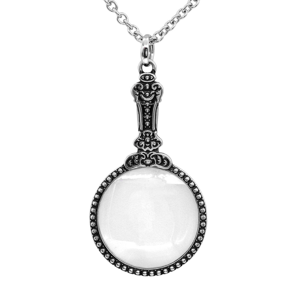 Antique Handheld Mirror Pendant Necklace Silver Tone