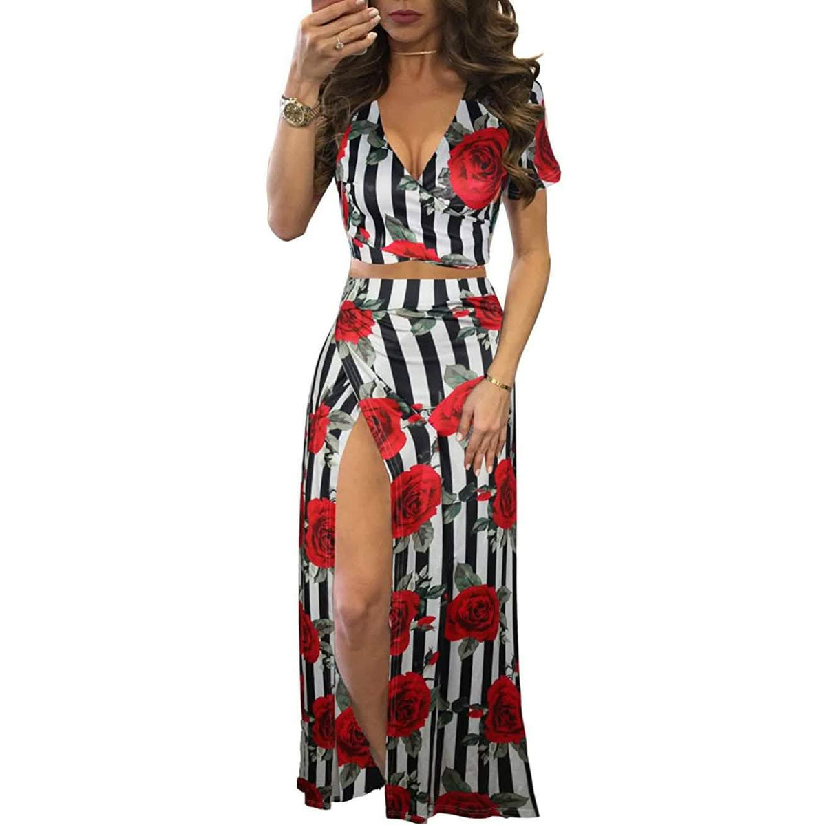 Vestido largo de dos piezas Aro Lora para mujer, sexy, con cuello en V, estampado floral y abertura lateral
