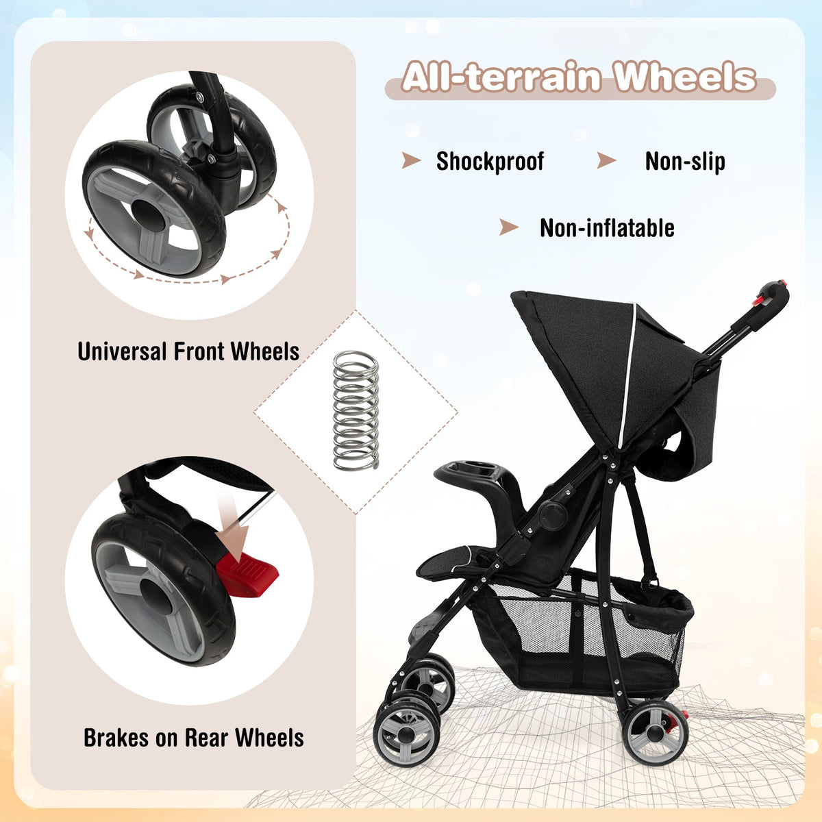 Toddler Travel Stroller for Airplane with Canopy and Adjustable Backrest-Black