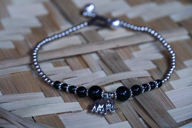 Black Elephant Silver Beaded Boho Charm Anklet For Women