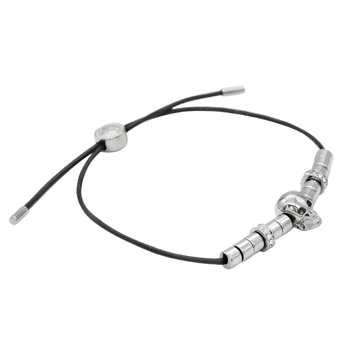 Black Leather Skull Bracelet With Steel Beads Adjustable