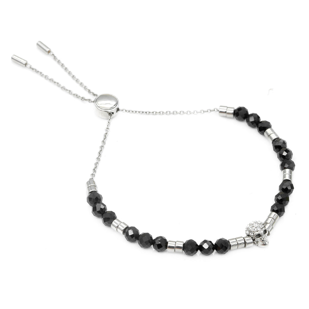Black Spinel Beaded Bracelet With White Swarovski Skull