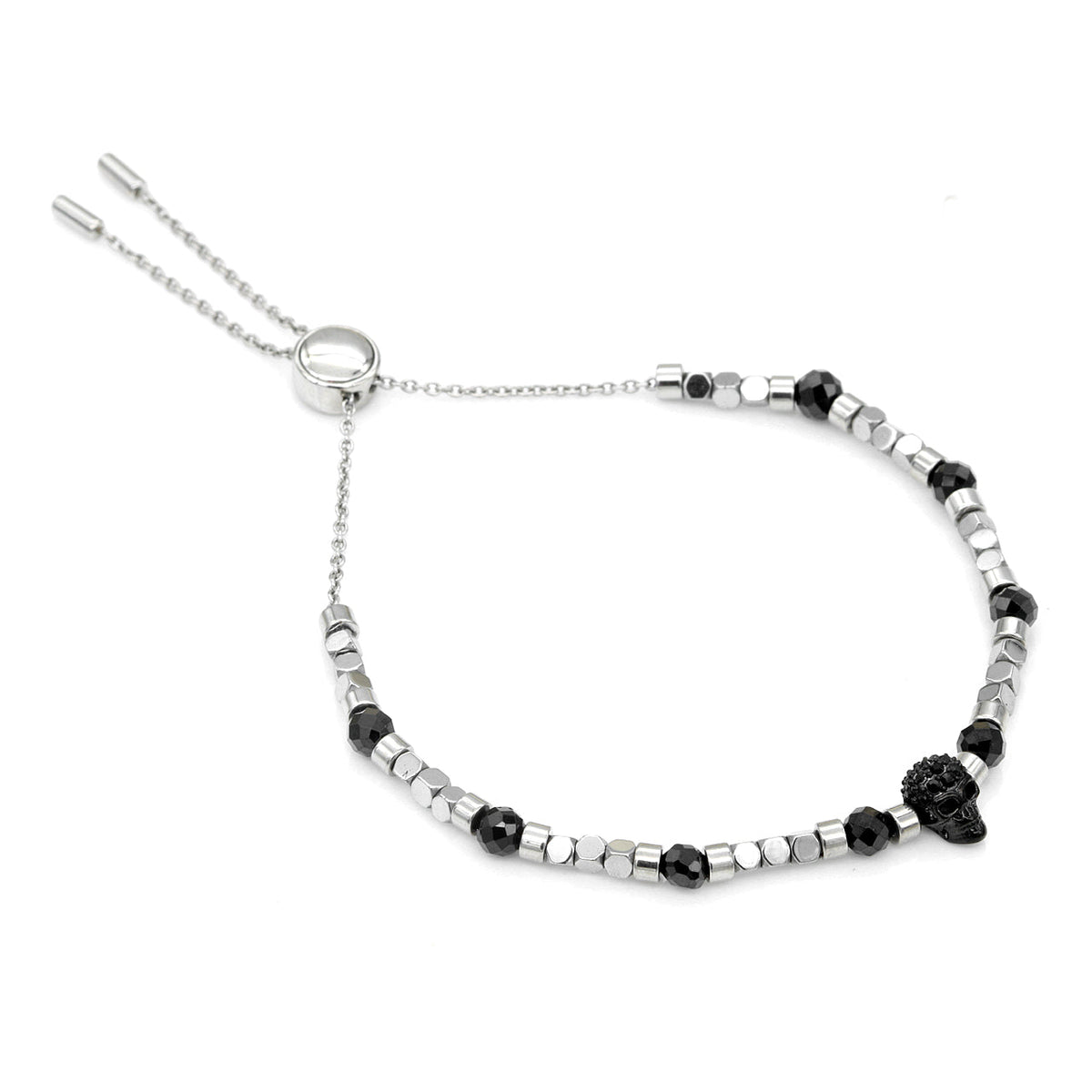 Black Spinel Skull Beaded Bracelet Adjustable Unisex