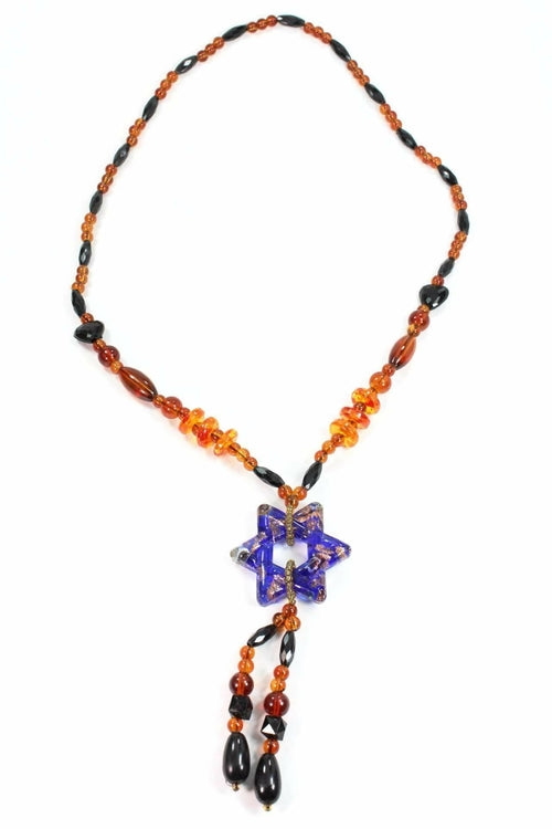 Blue Star Glass Pendant Necklace Long Beaded Adjust Boho