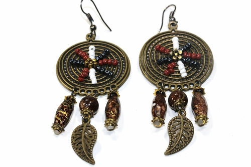Boho Dreamcatcher Beaded Earrings Orange Turquoise Fringe