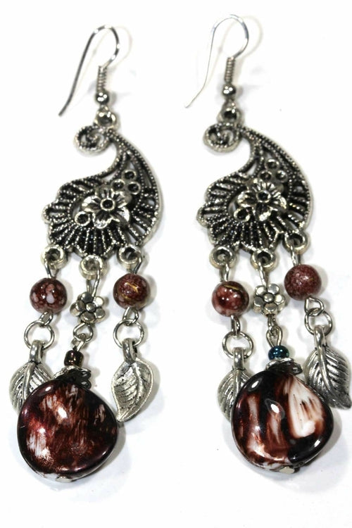 Boho Paisley Dangle Earrings Green Glass Bead Charms