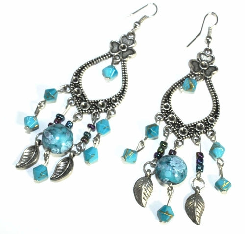 Shamrock Marbled Red Bead Dangle Earrings Boho Leaf