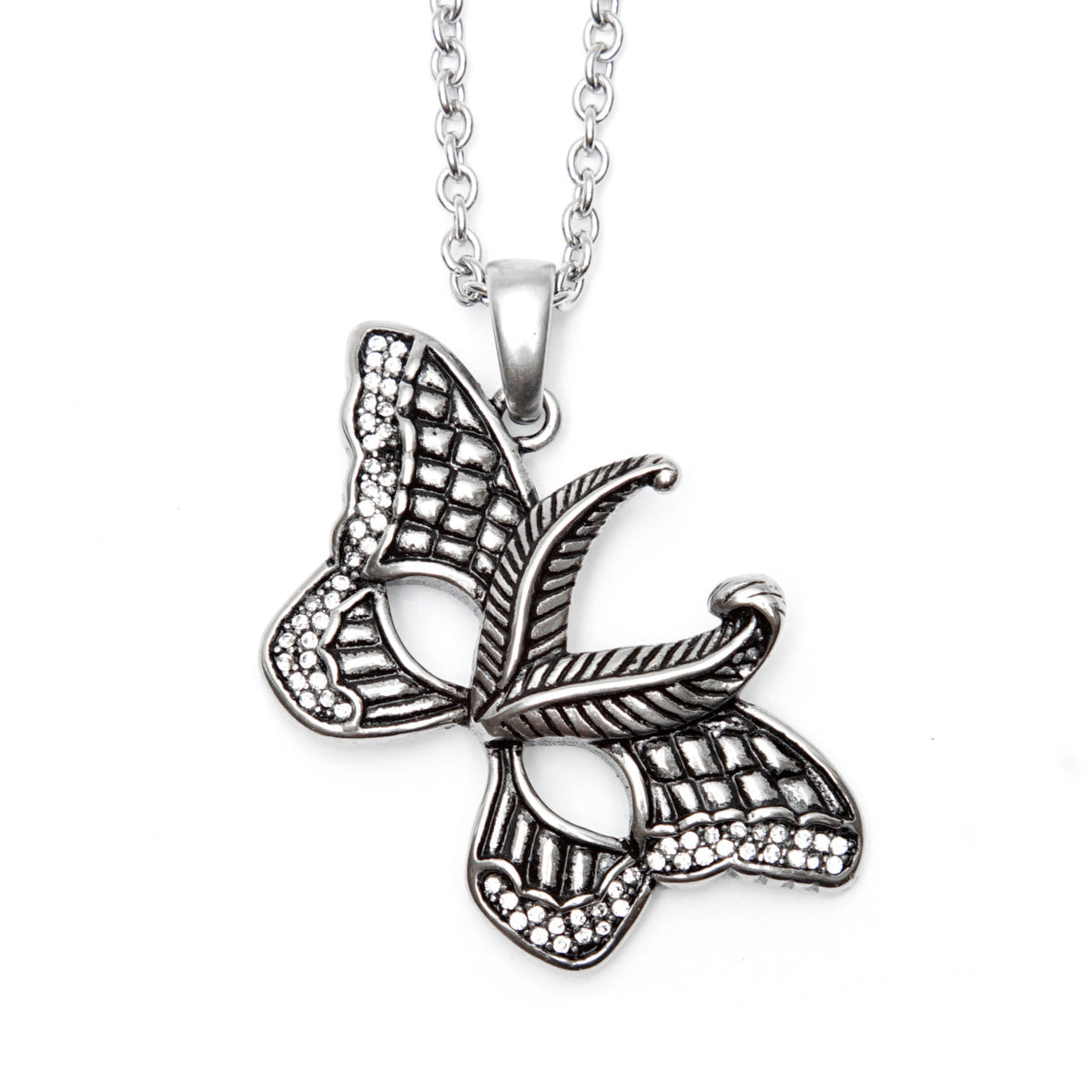 Butterfly Mask Pendant Necklace Silver Rhinestone Accent