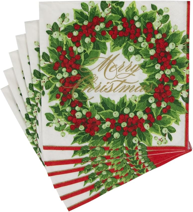 Holly and Berry Wreath Paper Cocktail Napkins