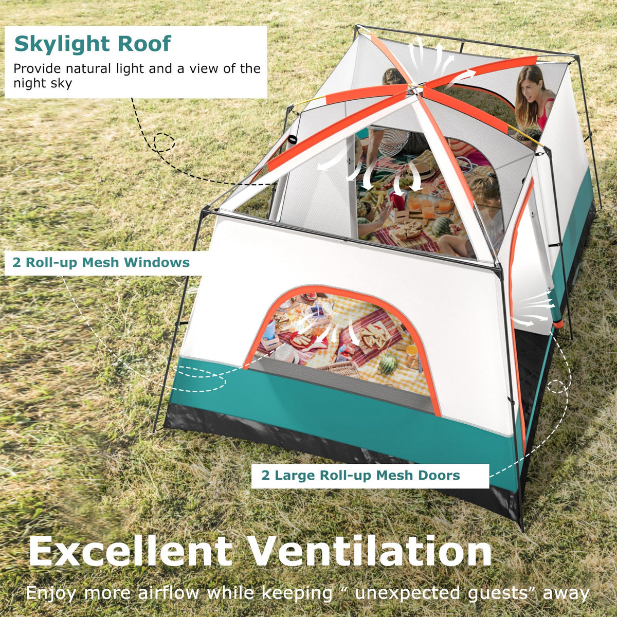 6-8 Person Camping Tent with Double Rooms and 2 Doors