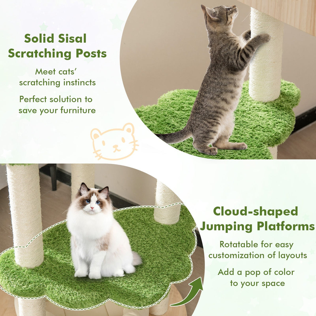 Poste rascador para gatos de 55 pulgadas de alto con postes rascadores de sisal y cama suave para gatitos de interior - Verde
