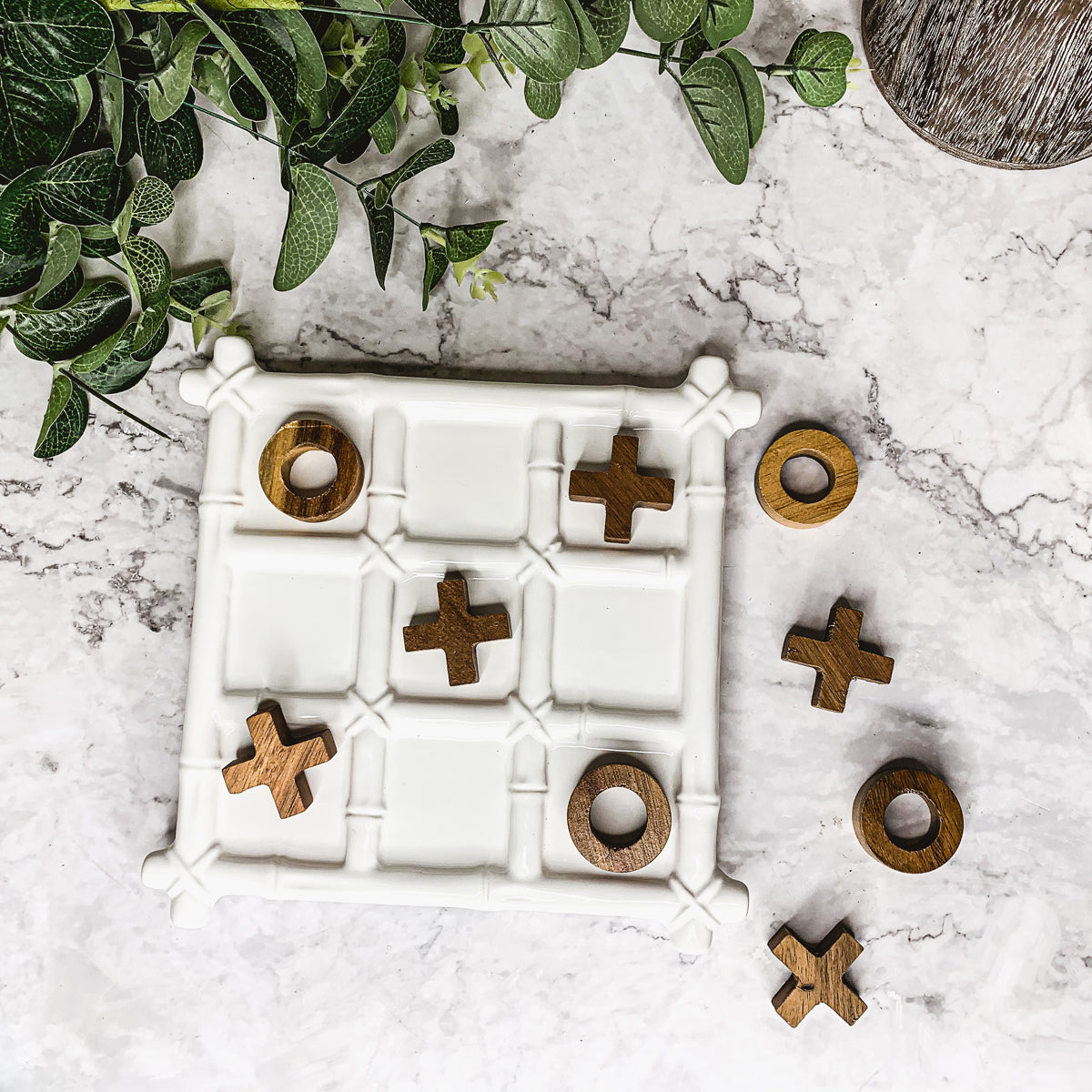 Ceramic Tic Tac Toe Game Faux Bamboo Board With Acacia Wood Pieces, Decor