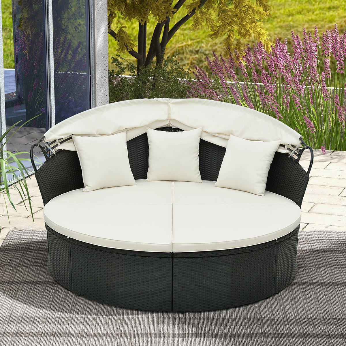 Clamshell Patio Round Daybed Wicker with Retractable Canopy and Pillows