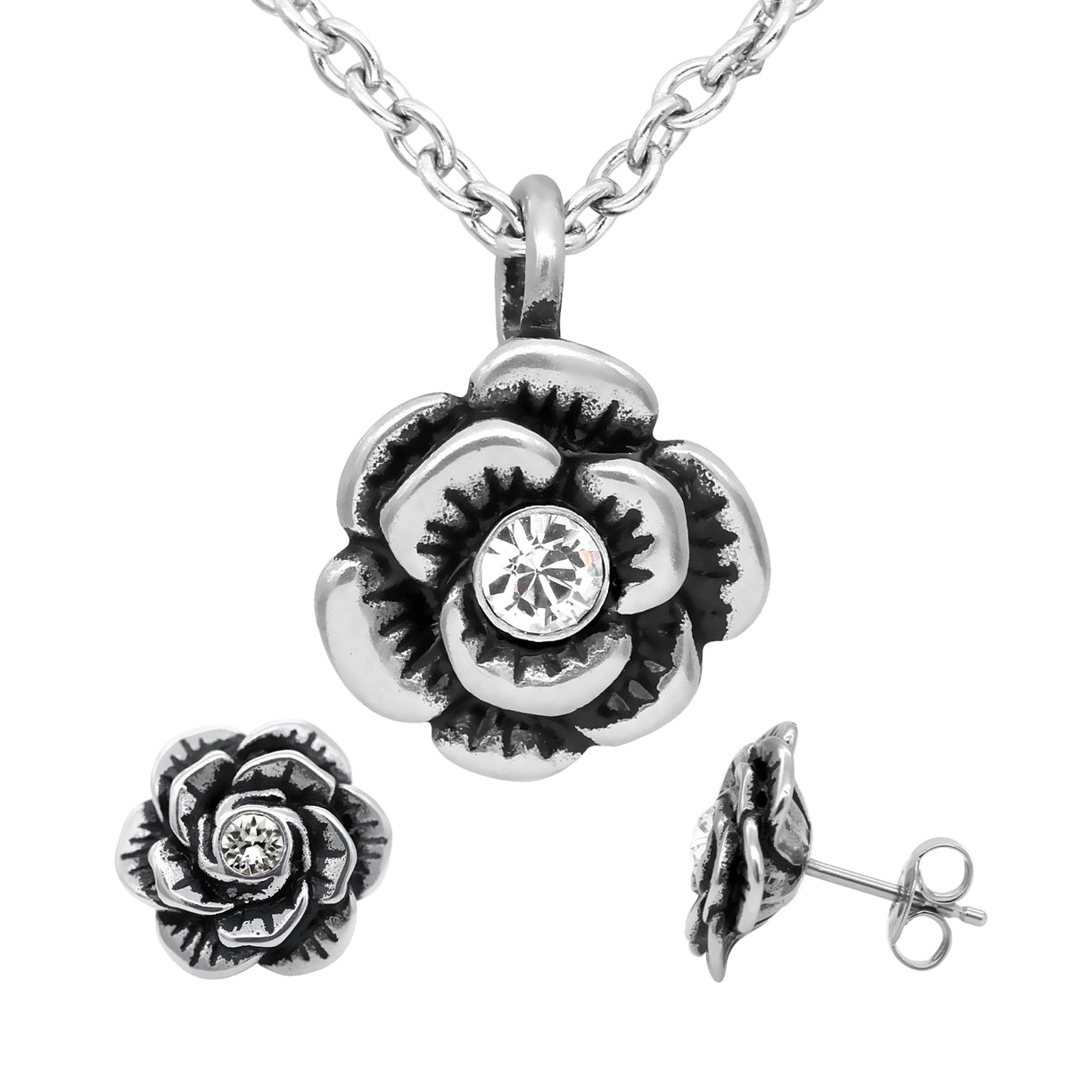 Crystal Flower Necklace And Earrings Set Silver Tone