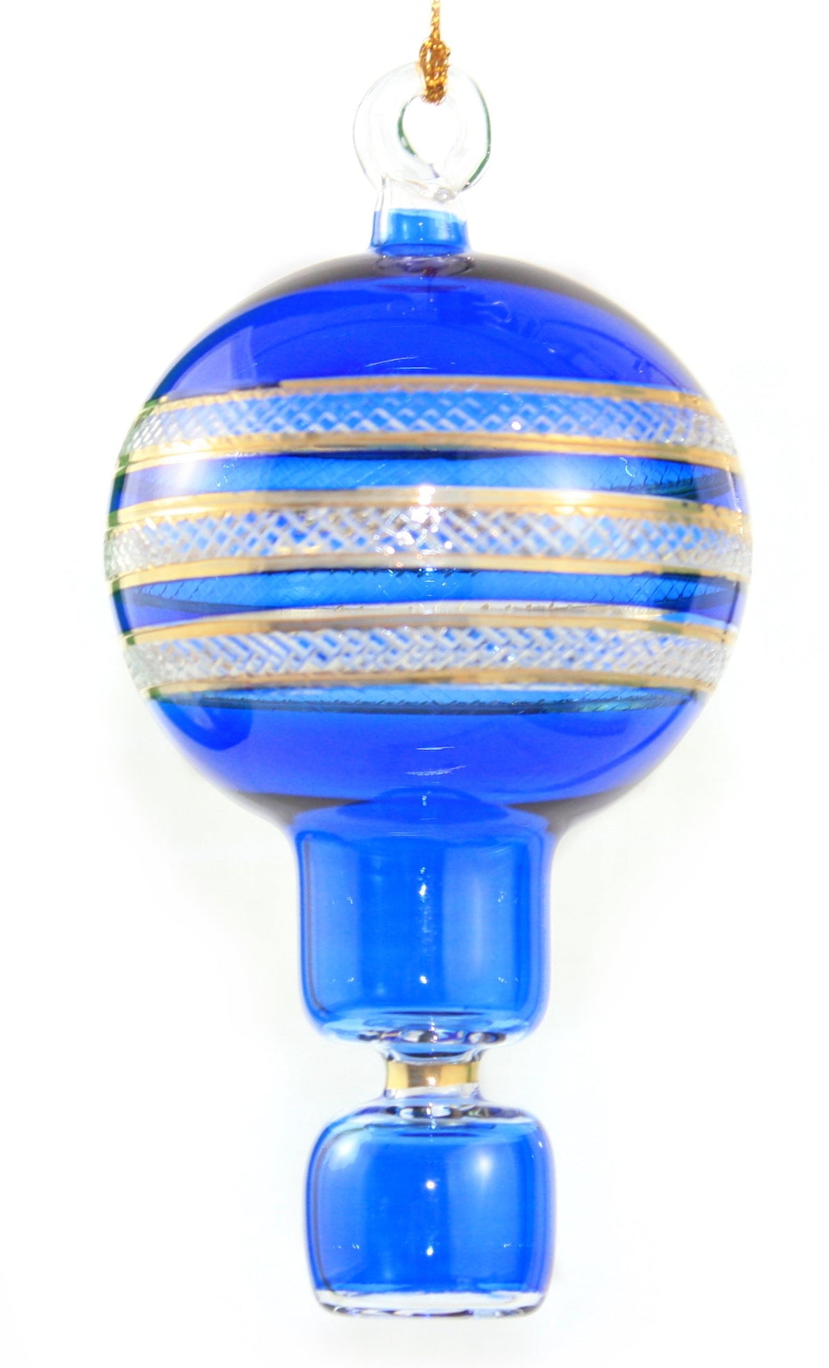 Gold Etched Glass Hot Air Balloon Ornament - Blue