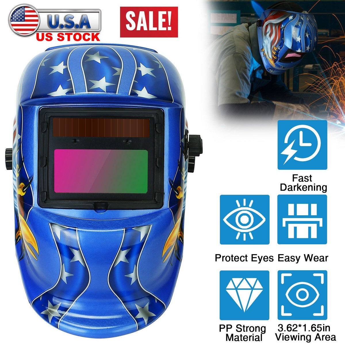 Welding Helmet Solar Powered Auto Darkening Hood with Adjustable Wide Shade Range 9-13 for Mig Tig Arc Weld Grinding Welder Mask