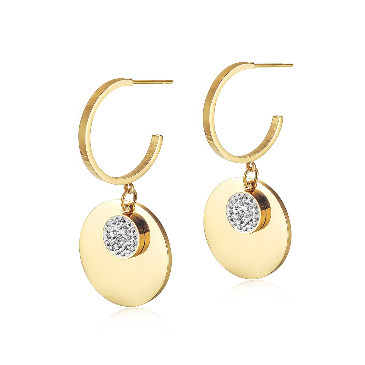 Double Round CZ Dangle Earrings Gold Plated Drop For Women