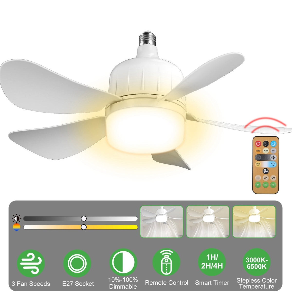 Socket Fan Light 12W Ceiling Fan with Lights Dimmable LED Ceiling Fan with 3 Fan Speed Stepless Brightness and Color Temperature Smart Timer Remote Co