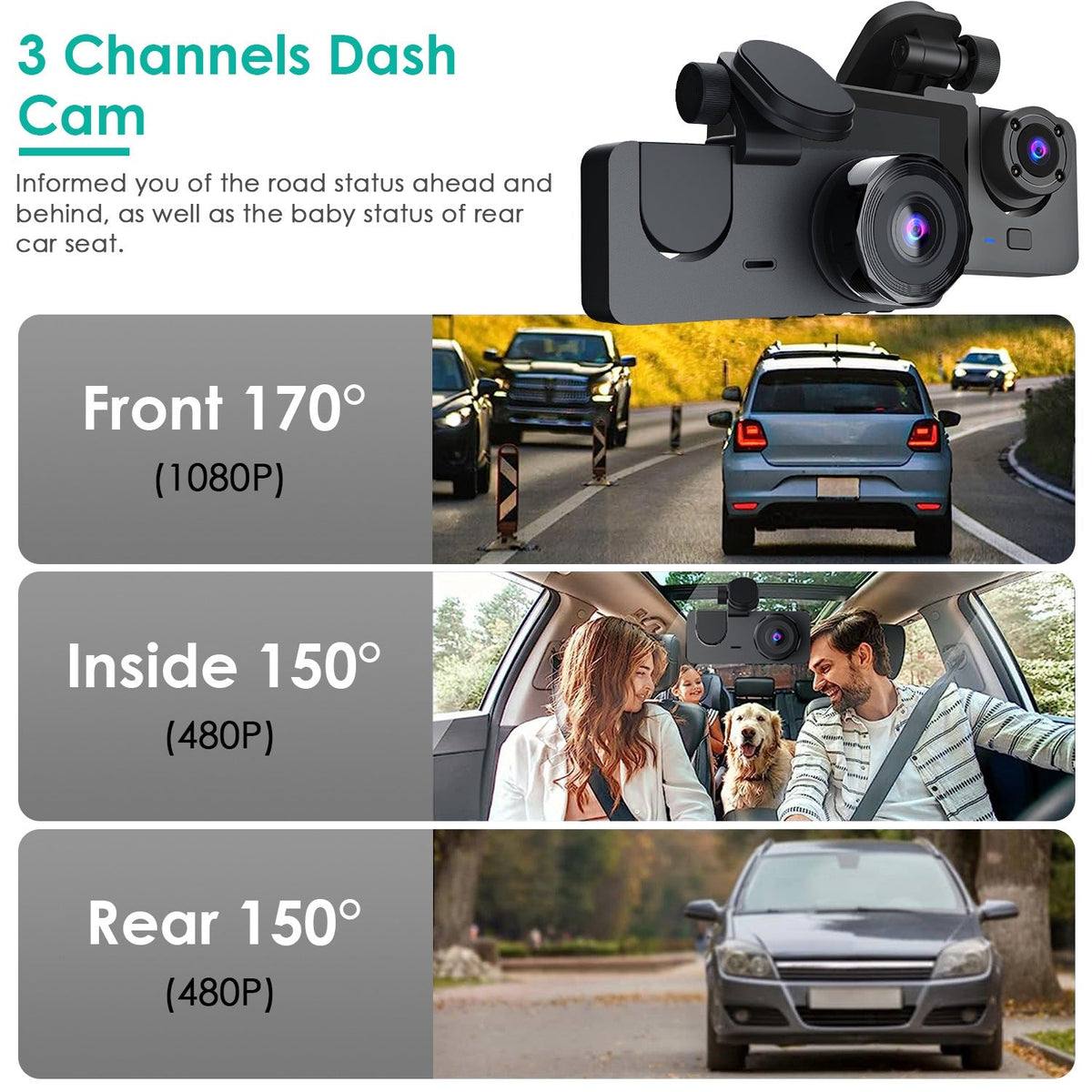 3 Channel Dash Cam Front Inside Rear Vehicle Driving Recorder Car DVR with 32G MMC Card G Sensor Motion Detection Parking Monitor Loop Recording