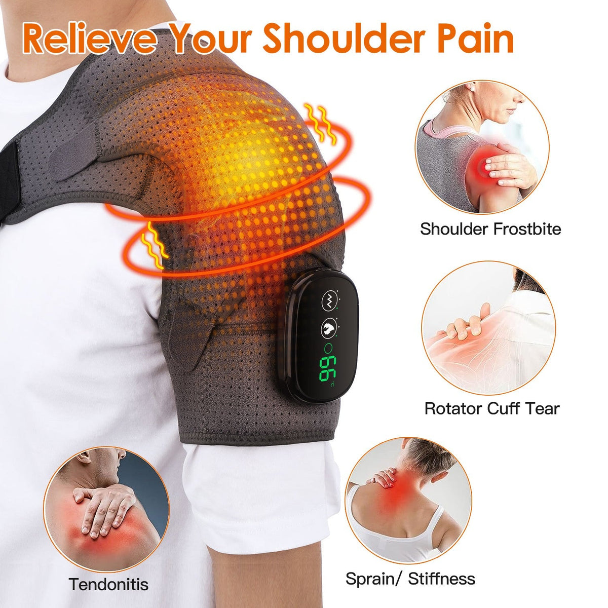Cordless Shoulder Heating Pad Rechargeable Heated Shoulder Wrap MassagerÊShoulder Brace Supports with 3 Heating Levels 3 Vibration Modes for Left Righ