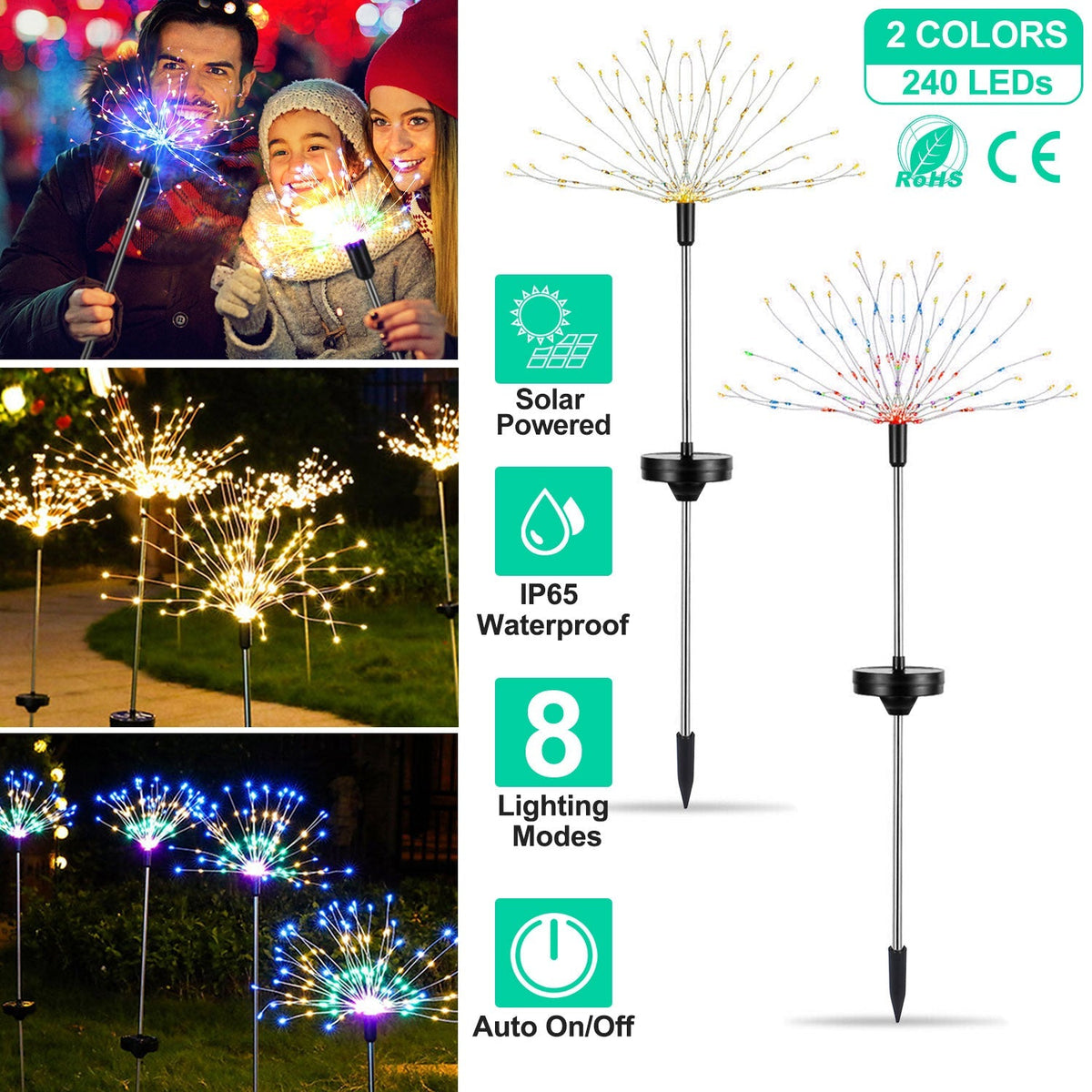2Pcs Solar Powered Starburst Lights 240 LEDs Firework Lamp Garden Path Decor Lights