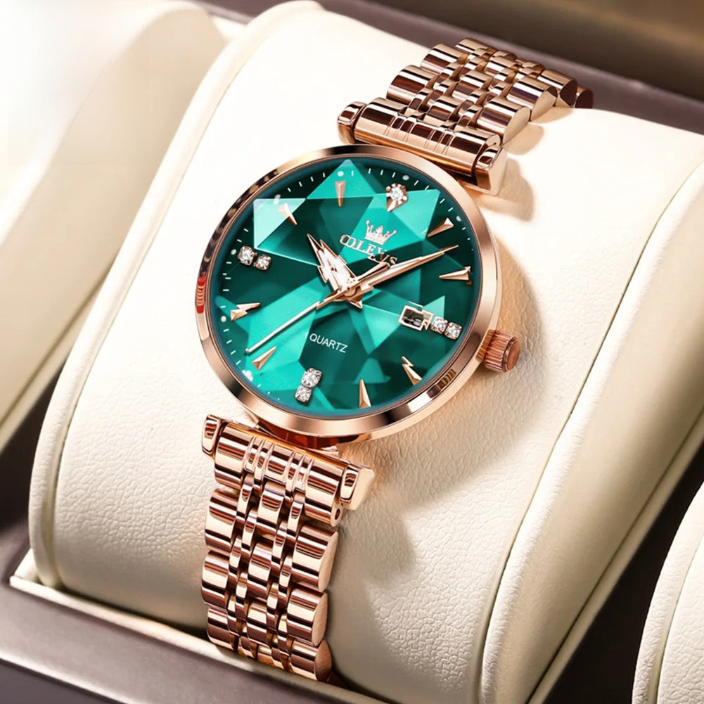 Women's Rose Gold Stainless Steel Watch Blue Dial Zircon