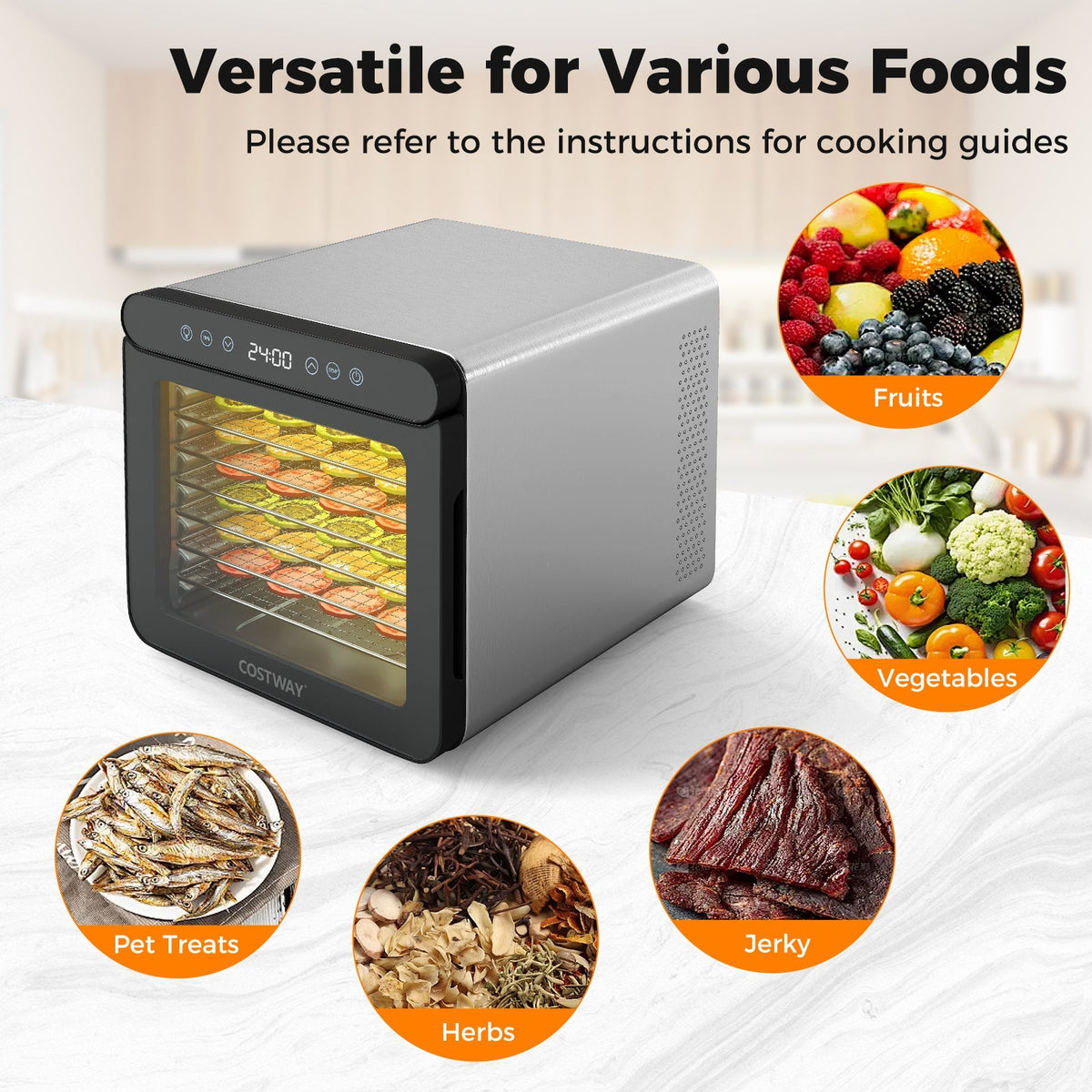 7 Stainless Steel Trays Dryer with 1-24H Timer and 30-75‚ÑÉ Temperature-Silver