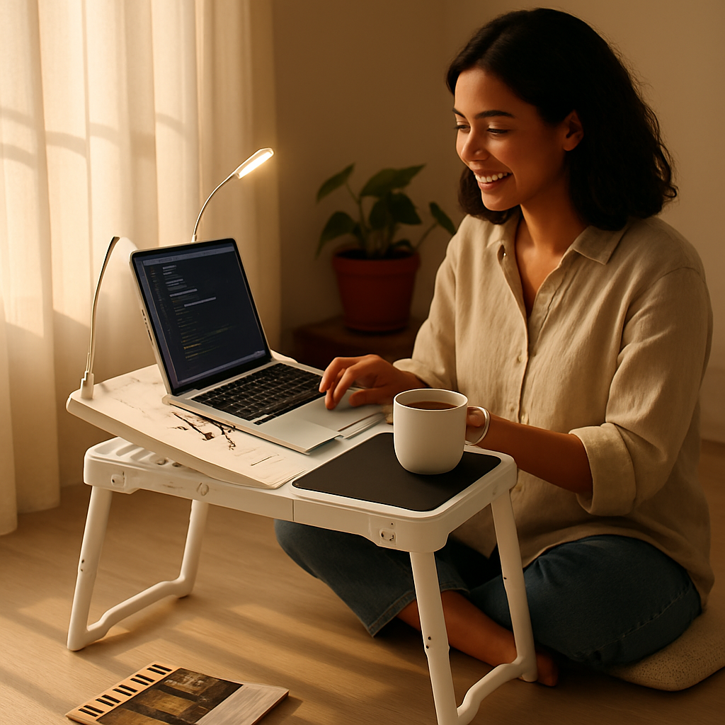 Mesa plegable para portátil, escritorio para notebook en cama con ventilador de refrigeración, alfombrilla para ratón, luz LED, 4 puertos USB y bandeja para desayuno/aperitivos con ranura de almacenamiento para oficina en casa