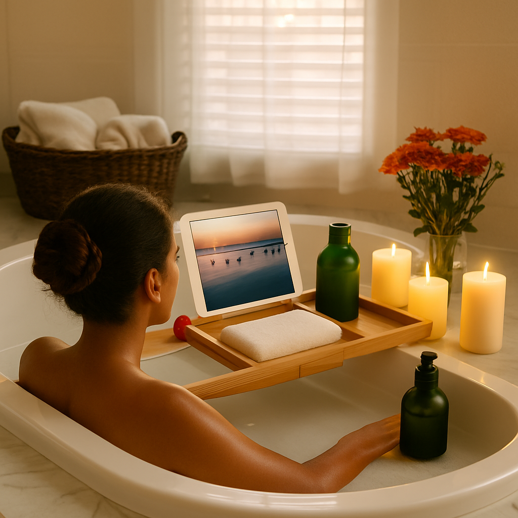 Bandeja para bañera de bambú, mesa para baño con soporte extensible para lectura, soporte para tableta y teléfono, porta copas de vino, estante para spa en el hogar