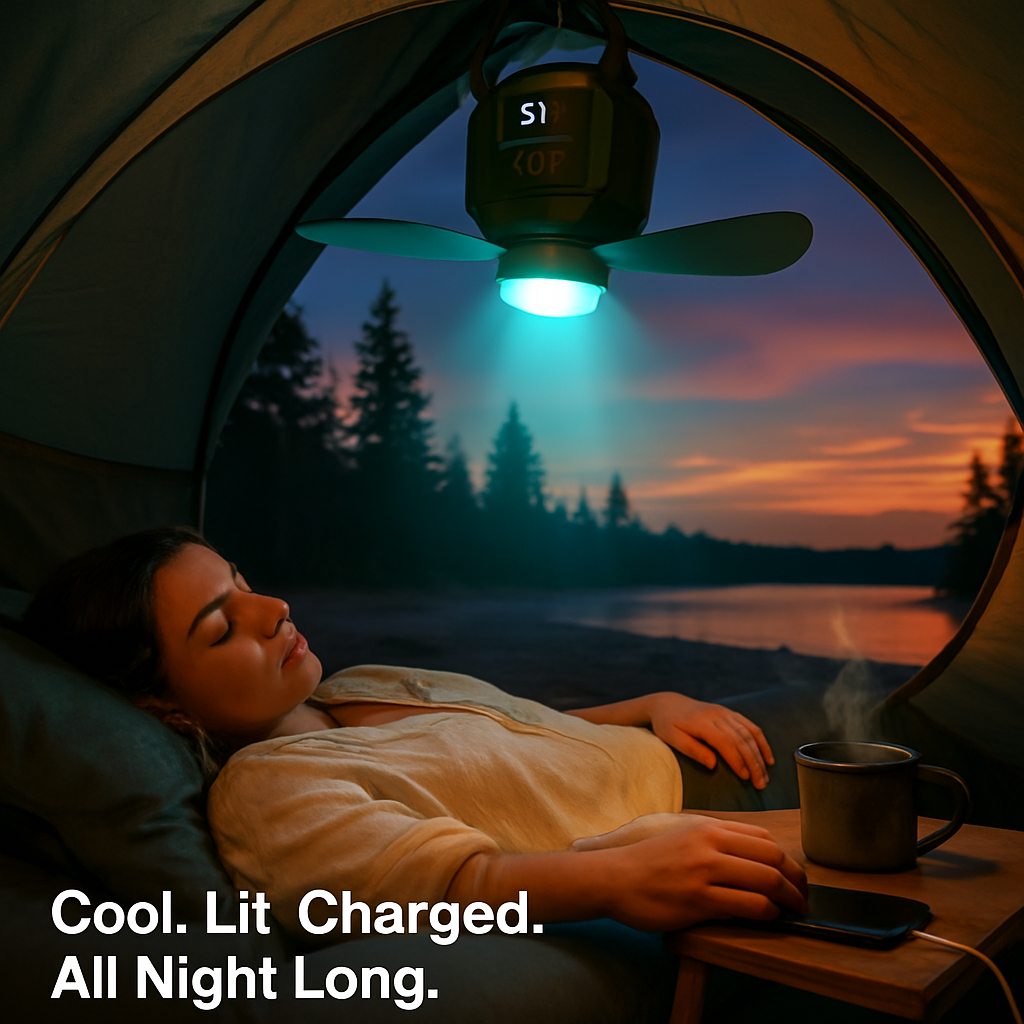 Ventilador de techo LED portátil para camping con luz y 3 velocidades