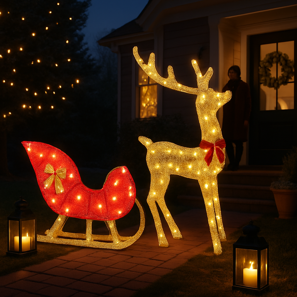 Lighted Christmas Reindeer and Sleigh Decoration