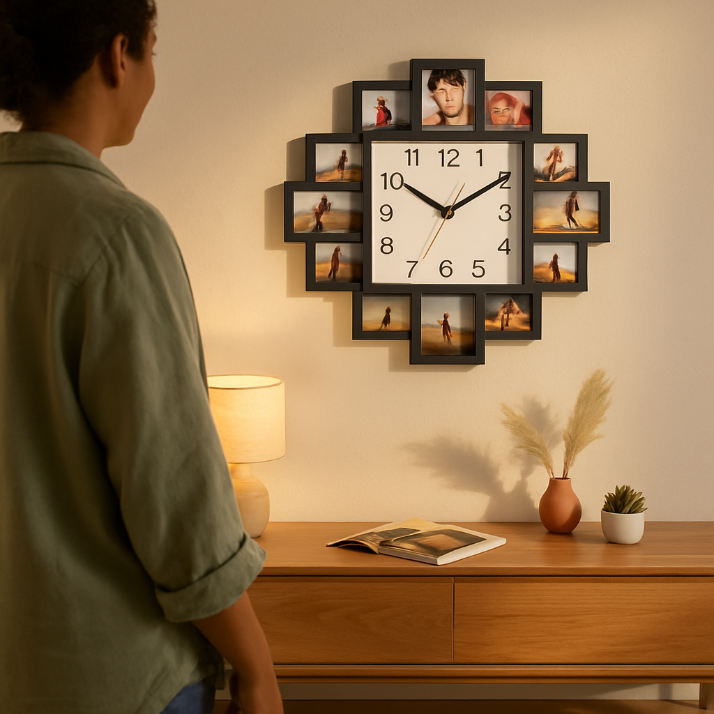 Reloj con marco de fotos: expositor de pared para collage de 12 fotos