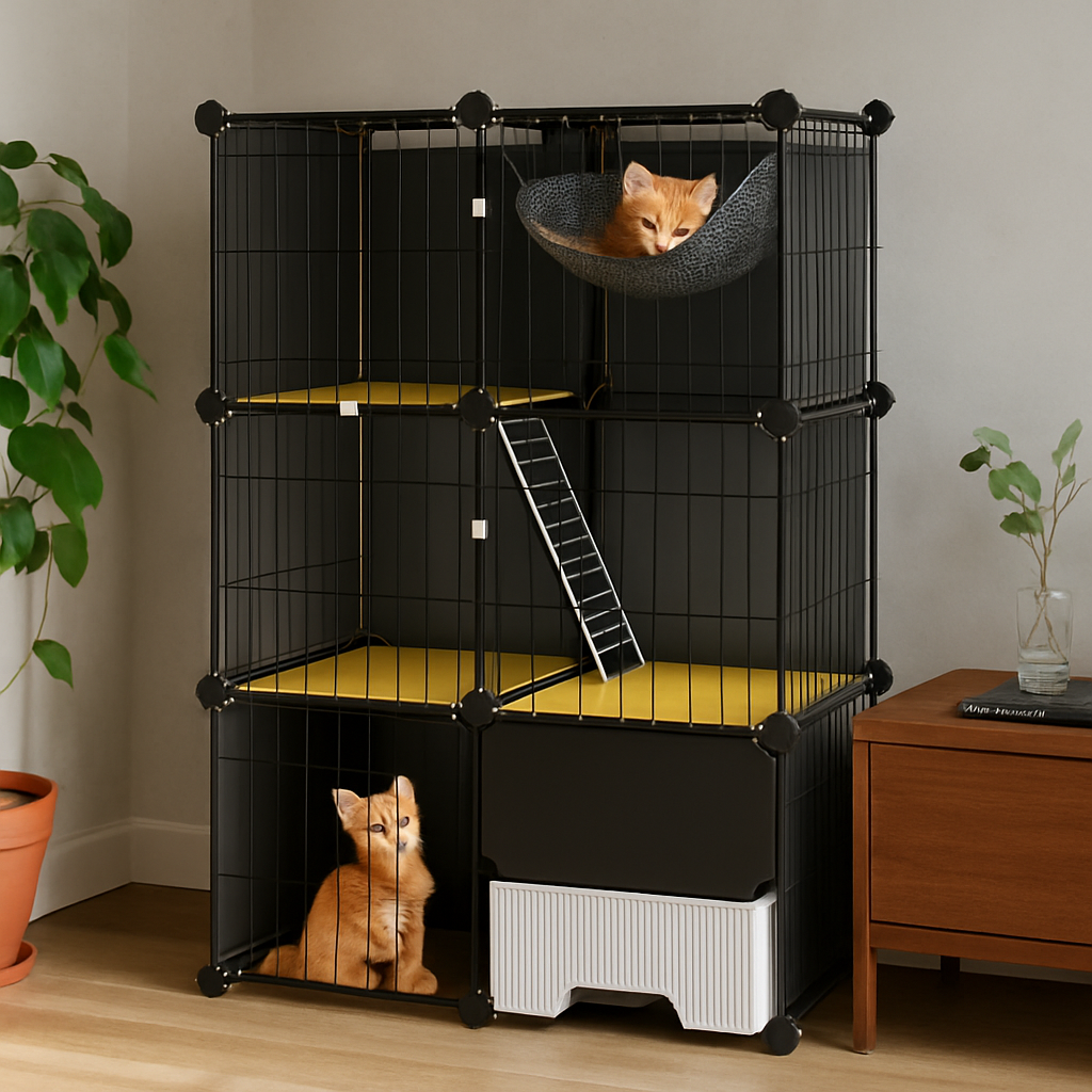 3-Tier Cat Cage with Litter Box and Hammock, Indoor