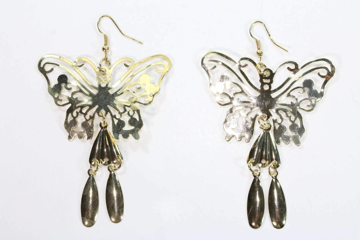 Gold Butterfly Dangle Earrings Lightweight Filigree Boho