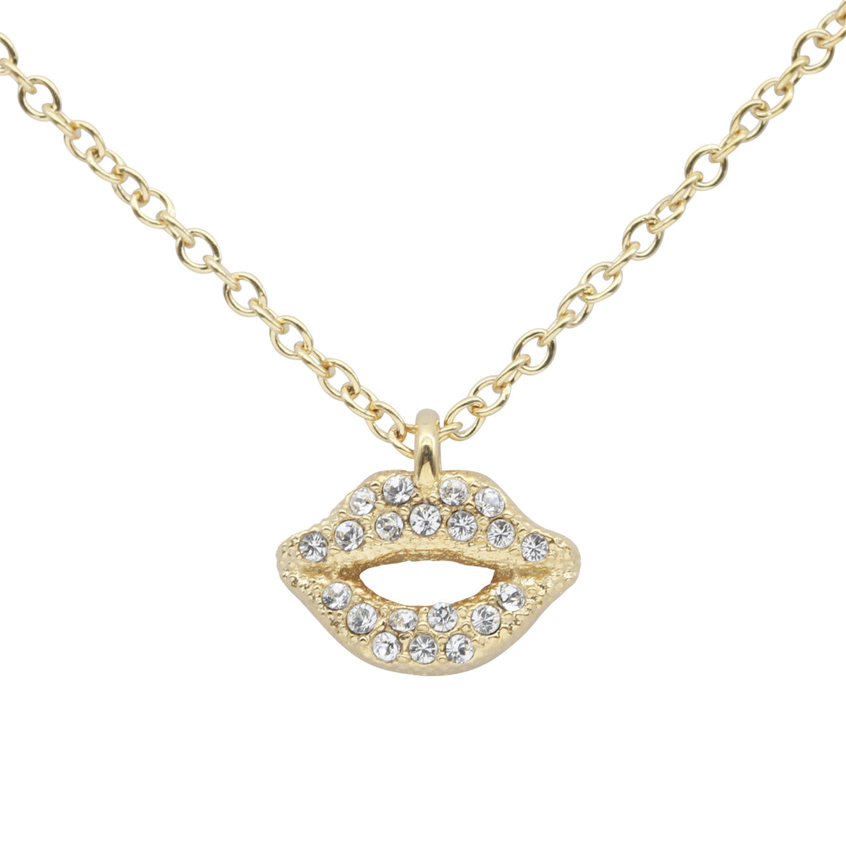 Gold Lips Pendant Necklace With Crystal Accent Chain