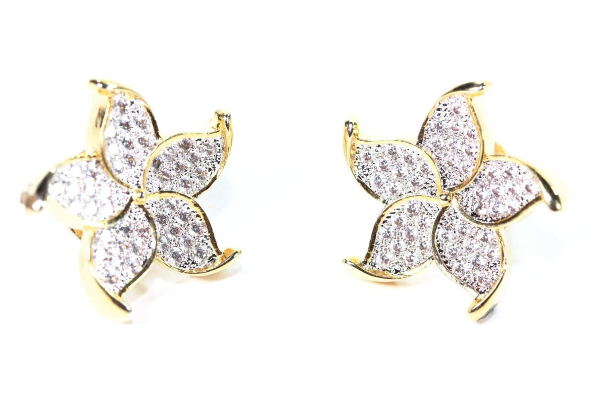 Gold Plated Flower Stud Earrings Cubic Zirconia Pave