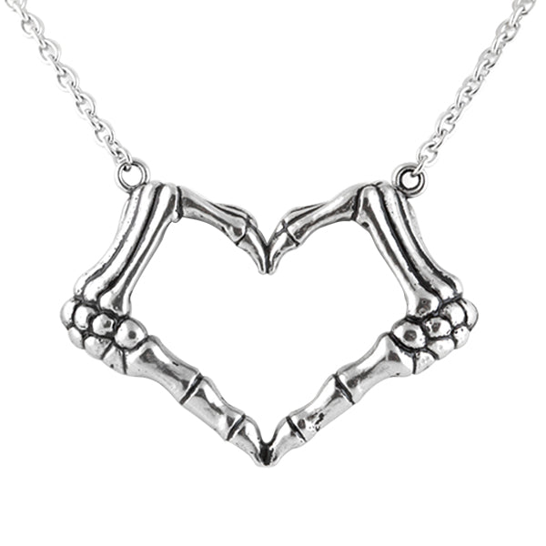 Gothic Skeleton Hand Heart Necklace Silver Cute Pendant