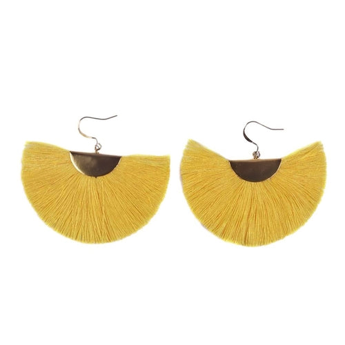 Half Moon Fan Tassel Earrings Boho Cotton Brass Lightweight Fringe Drop 3in