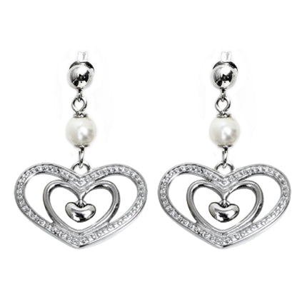 Heart Dangle Pearl Earrings Silver Tone Crystal Accents