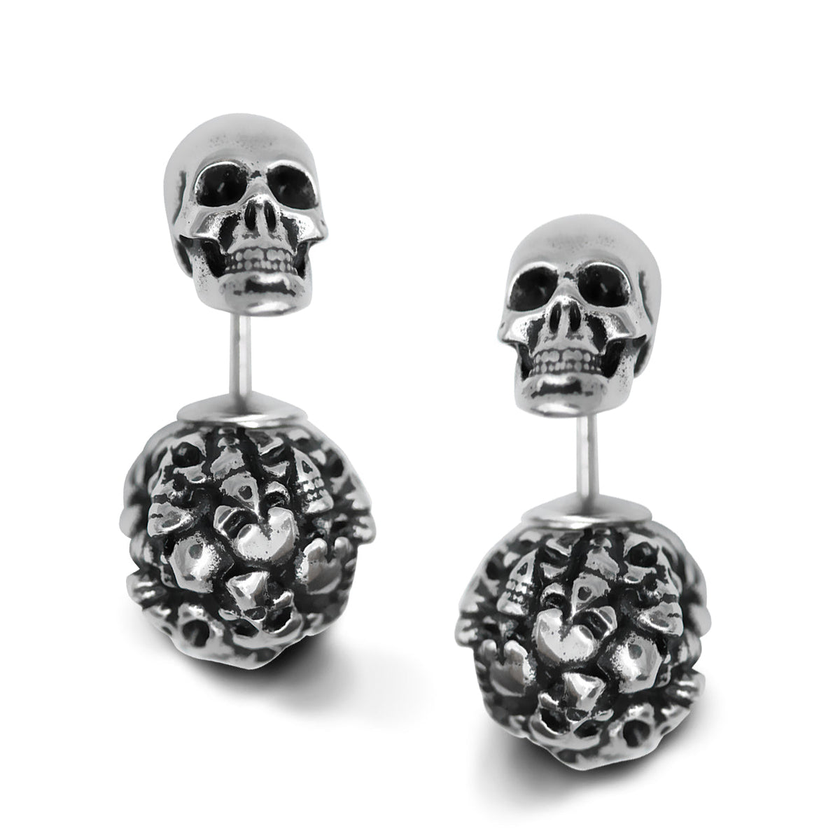 Heart Skull Earrings Gothic Double Sided Silver Studs