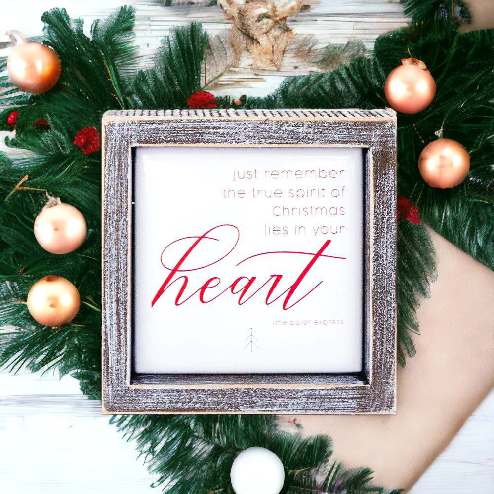 Christmas Heart 5 Inch Wood Framed Metal Embossed Sign Holiday Wall Decor Rustic Home