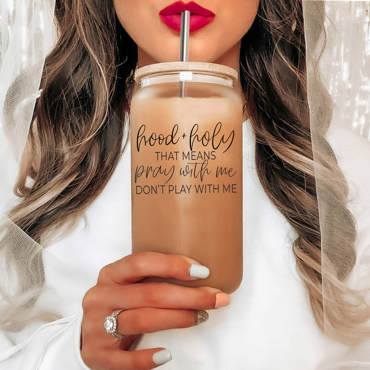 Hood And Holy 17oz Glass Tumbler With Bamboo Lid, 2 Stainless Straws And Straw Cleaner