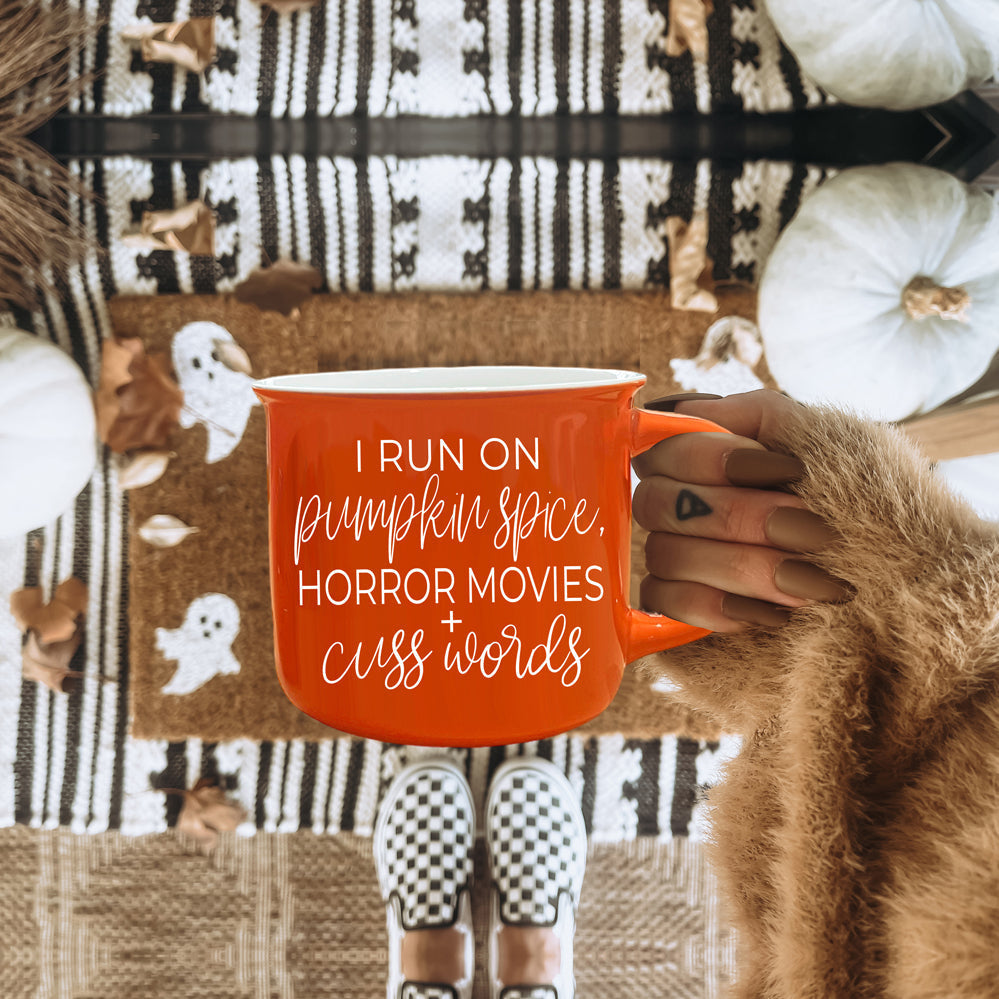 Pumpkin Horror Mug 14.5oz Orange Ceramic Campfire Dual-Sided White Text