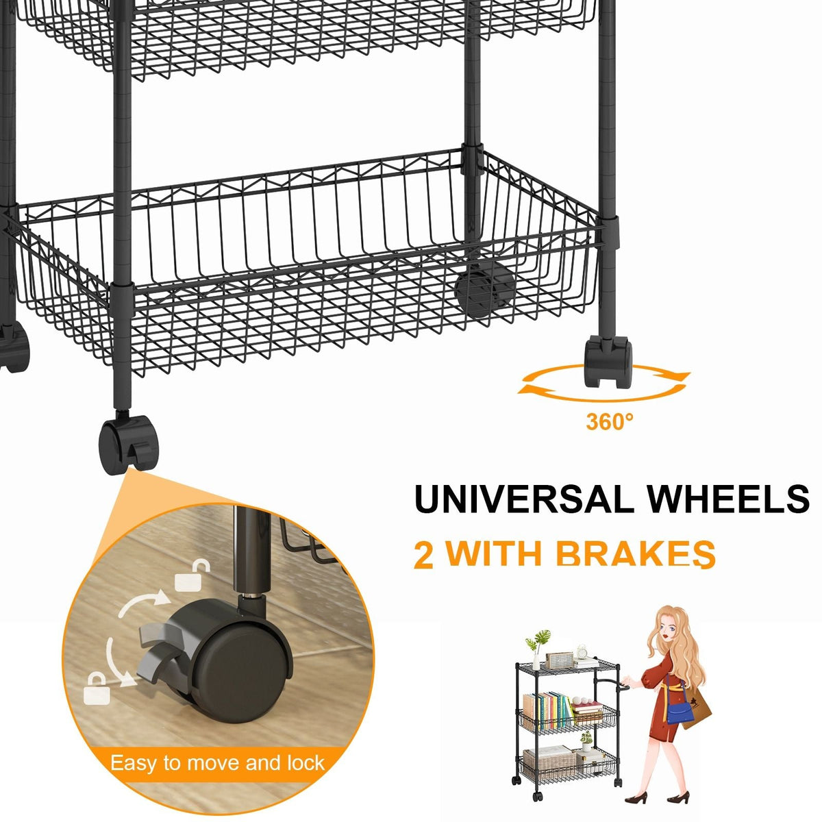 DEXSO Black 3-Tier Metal Rolling Utility Cart J8-F6NA8DCTBTJ