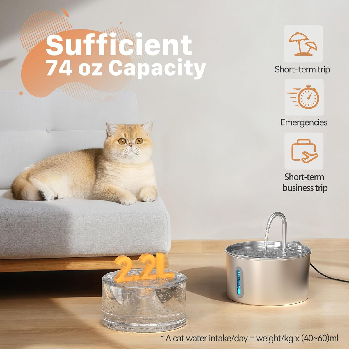 Stainless Steel Cat Water Fountain 74 oz