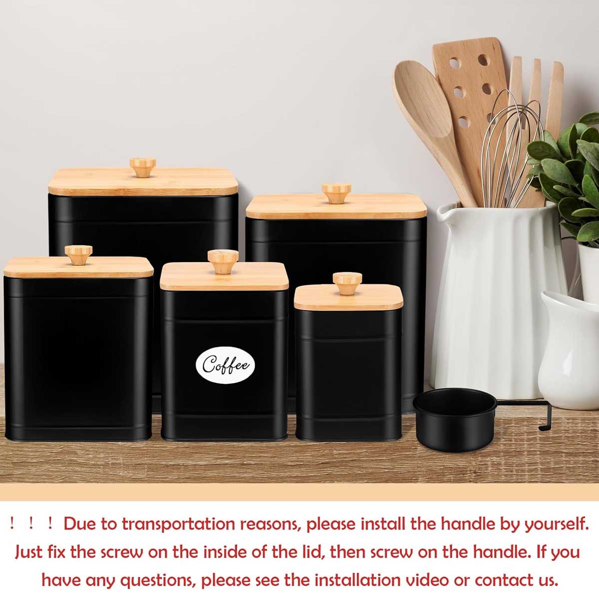 5-Piece Metal Kitchen Canister Set with Bamboo Lids