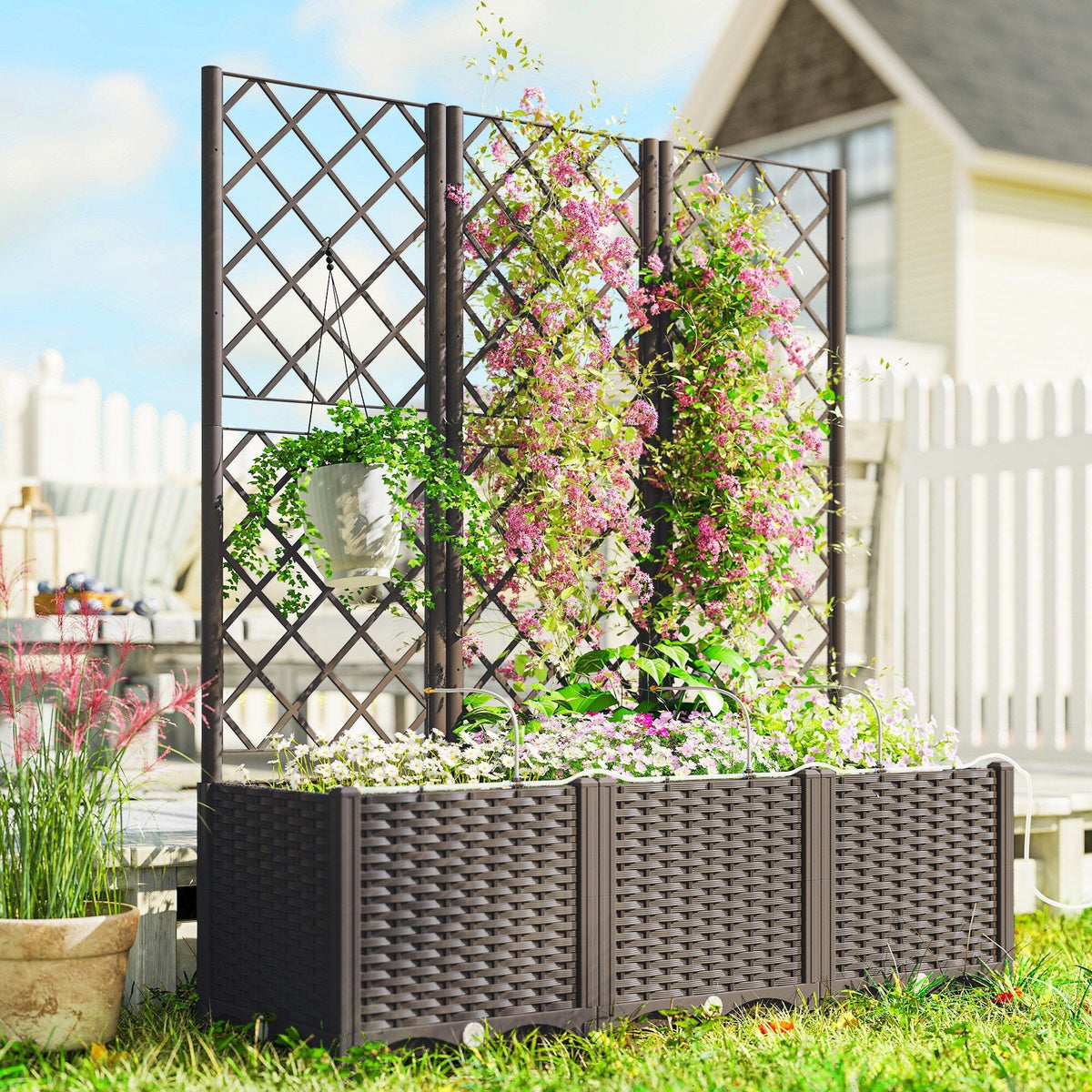 Outsunny 3-Piece Plastic Planter Box with Trellis 84H-595V01BN