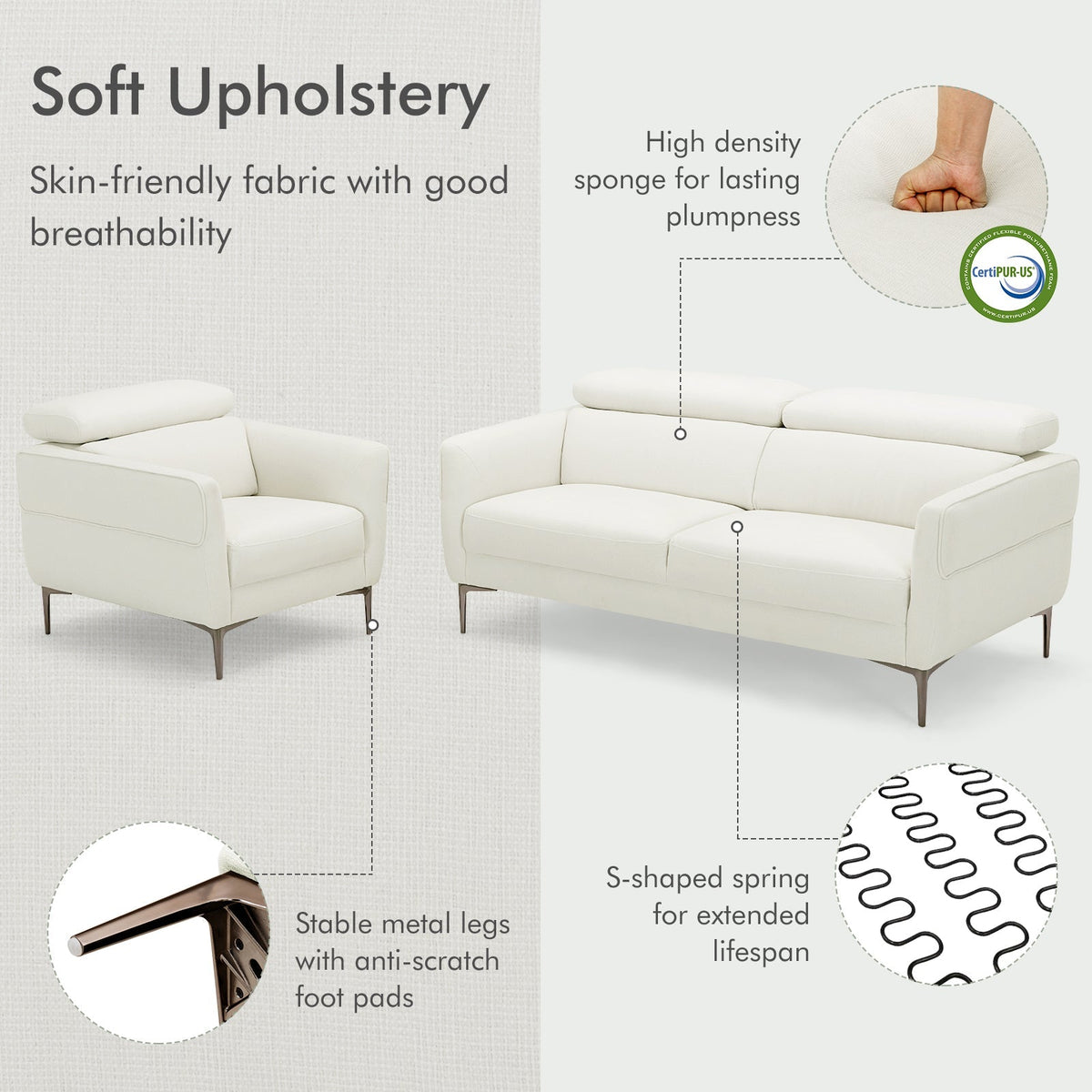 Modern Couched Sofa set with Adjustable Headrest
