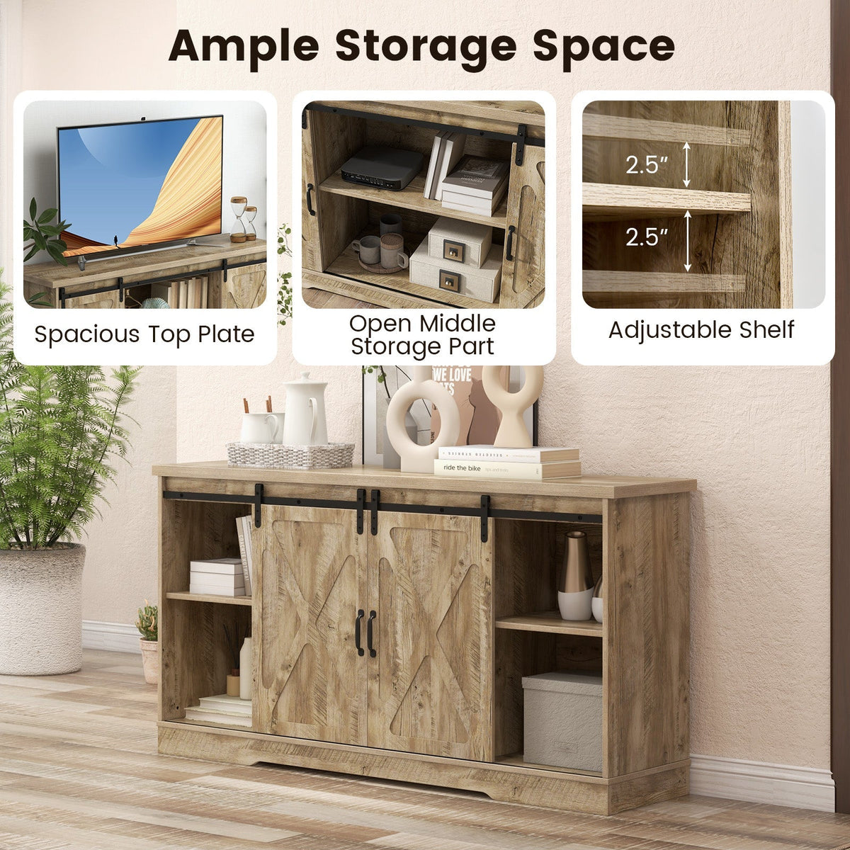 Farmhouse Entertainment Center with Adjustable Shelves and Storage Cabinet-Gray