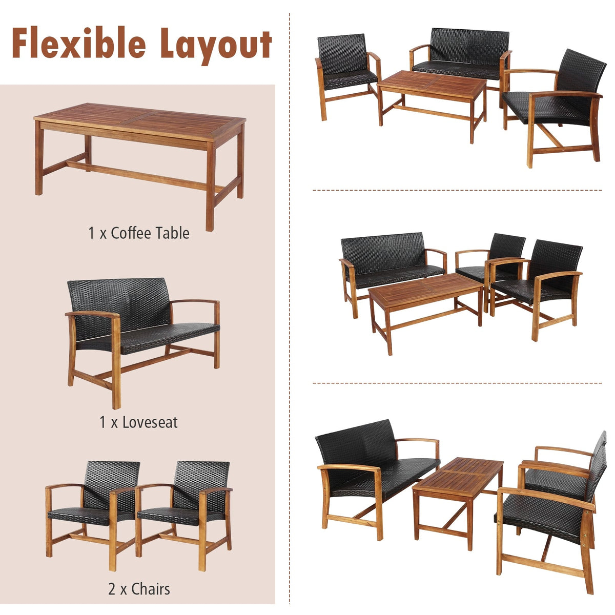 4 Pieces PE Rattan Patio Furniture Set with Solid Acacia Wood